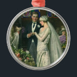 Ornement Métallique Mariage vintage, Mariée et Salle avec Menorah<br><div class="desc">Illustration vintage image de cérémonie d'amour et de romance mariage montrant un couple se marier dans une belle synagogue avec vitraux,  fleurs et une menorah à sept branches. La mariée porte une longue robe blanche mariage et le marié est beau dans son smoking.</div>
