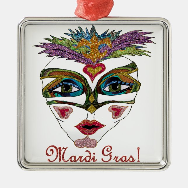 Ornement Métallique Masque de plumes de Parties scintillant Mardi Gras (Devant)