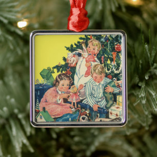 Ornement Métallique Matin de Noël Vintage, Enfants Ouverture Cadeaux