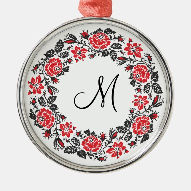 Ornement Métallique Monogramme initial des roses rouges à point croisé (Devant)