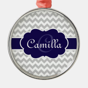 Ornement Métallique Motif de Navy Blue Monogram Grey Chevron