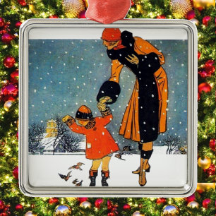 Ornement Métallique Nourrir les oiseaux dans la neige