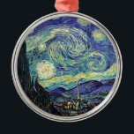 Ornement Métallique Nuit étoilée par van Gogh<br><div class="desc">Van Gogh était obsédé par le symbolisme des objets lumineux et de la couleur. La lampe était un symbole de calme et de sécurité. L'étoile symbolisait la foi, et la lumière, les réalités humaines. Le bleu ultramarin profond était infini, tandis que le rouge et le vert exprimaient "ces choses terribles,...</div>