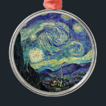 Ornement Métallique Nuit étoilée par van Gogh<br><div class="desc">Van Gogh était obsédé par le symbolisme des objets lumineux et de la couleur. La lampe était un symbole de calme et de sécurité. L'étoile symbolisait la foi, et la lumière, les réalités humaines. Le bleu ultramarin profond était infini, tandis que le rouge et le vert exprimaient "ces choses terribles,...</div>
