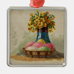 Ornement Métallique Oeufs Pâques Panier Fleurs Antique