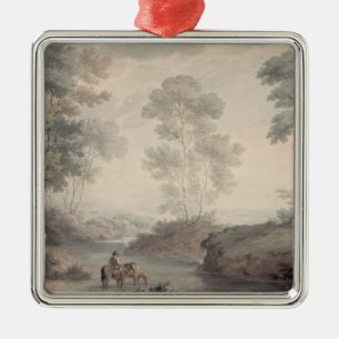 Ornement Métallique Paysage avec de l'eau rivière et chevaux