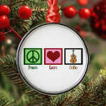 Ornement Métallique Peace Love Cello<br><div class="desc">Un beau cadeau de Noël de violoncelle pour le grand violoncelliste de votre vie. Ce design Peace Love Cello présente un joli signe de paix,  un coeur et l'instrument de musique,  le violoncelle. Un cadeau idéal pour un membre du quatuor à cordes ou un chef d'orchestre.</div>