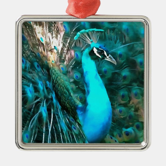Ornement Métallique Peacock Bleu Vibrant Avec Queue Fissée (Devant)