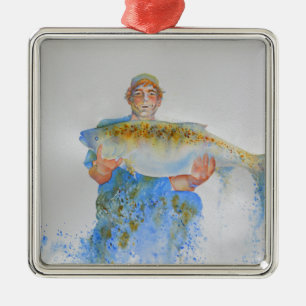 Ornement Métallique Pêcheur peinture d'aquarelle cadeau de pêche pour