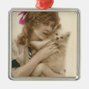 Ornement Métallique Photo antique Victorian Woman and Dog