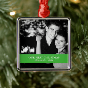 Ornement Métallique Photo personnalisée simple vert et blanc Noël