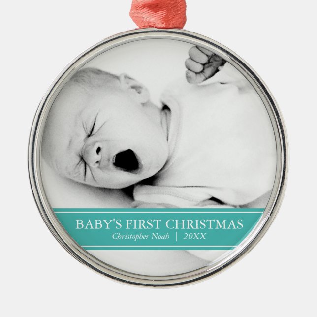 Ornement Métallique Photo personnalisée Turquoise et blanche Noël (Devant)