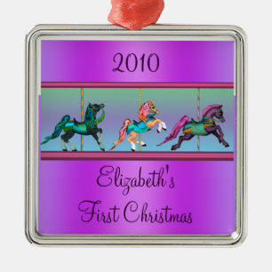 Ornement Métallique Poneys Carrousel Violets Premier Noël de Bébé