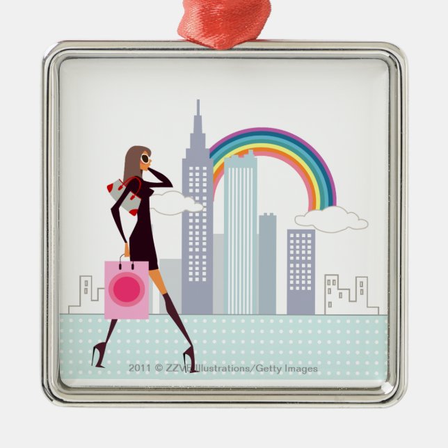 Ornement Métallique Profil d'une femme marchant tenant un sac à (Devant)