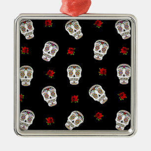 Ornement Métallique RAB Rockabilly Sugar Skulls Roses sur fond noir