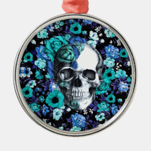 Ornement Métallique Rétro crâne floral bleu et en bon état