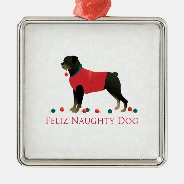 Ornement Métallique Rottweiler Feliz Naughty Chien Design de Noël (Devant)