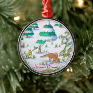 Ornement Métallique scène mignonne de neige de renard et de Noël de