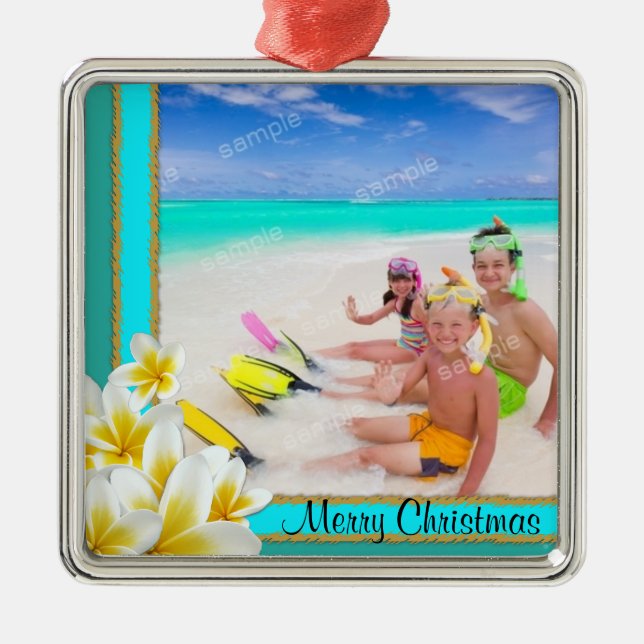 Ornement Métallique Tropical Hawaiian Plumeria Holiday Photo Ornament (Devant)