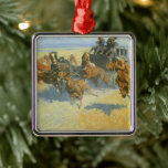 Ornement Métallique Vintage Cowboy, Downing Nigh Leader, Remington<br><div class="desc">Downing the Nigh Leader (1907) de Frederick Remington est une peinture vintage de l'Ouest américain. Une vedette conduite par des cowboys est prise en embuscade par de courageux guerriers indiens d'Amérique qui montent des chevaux rapides. À propos de l'artiste : Frédéric Sackrider Remington (1861-1909) était peintre, illustrateur, sculpteur et écrivain...</div>