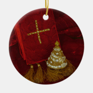 Ornement Noël religieux arbre croisé foi rouge