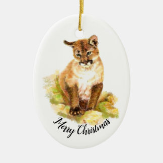 Ornement Ovale En Céramique Aquarelle de Noël Peinture d'un cougar