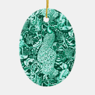 Ornement Ovale En Céramique Art Nouveau Peacock Print, Turquoise et Aqua