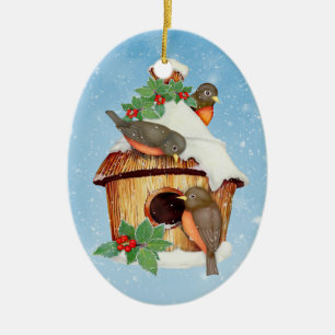 Ornement Ovale En Céramique Birds et Birdhouse d'hiver - Personnaliser
