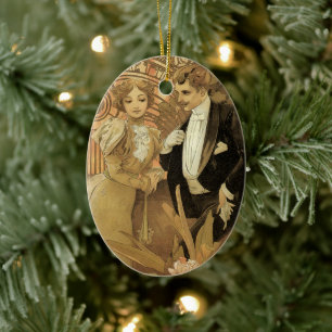 Ornement Ovale En Céramique Biscuits vintages Art Nouveau Flirt, Alphonse Much