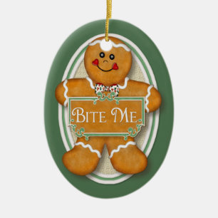 Ornement Ovale En Céramique Bite Me Gingerbread Homme - Oval 2