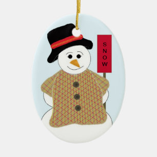 Ornement Ovale En Céramique Bonhomme de neige avec panneau de neige