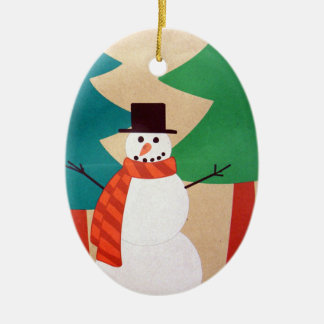 Ornement Ovale En Céramique Bonhomme de neige et arbres de vacances de Noël
