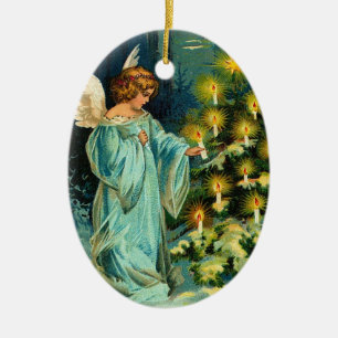 Ornement Ovale En Céramique Bougies de Noël Vintage sur arbre avec ange