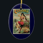Ornement Ovale En Céramique Cabourg, France Beach Resort, Art Vintage voyage<br><div class="desc">Illustration vintage Poster de voyage européen ou étiquette de bagage pour Cabourg,  France par Edouard Elzingre avec une brune en maillot de bain à l'ancienne jouant dans les vagues à la plage. Cabourg est une station balnéaire sur l'océan en Normandie.</div>