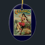 Ornement Ovale En Céramique Cabourg, France Beach Resort, Art Vintage voyage<br><div class="desc">Illustration vintage Poster de voyage européen ou étiquette de bagage pour Cabourg,  France par Edouard Elzingre avec une brune en maillot de bain à l'ancienne jouant dans les vagues à la plage. Cabourg est une station balnéaire sur l'océan en Normandie.</div>