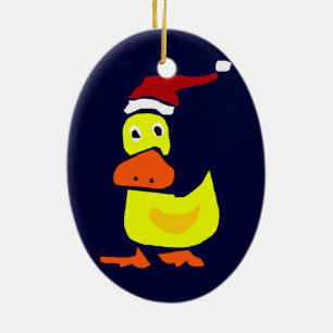 Ornement Ovale En Céramique Canard jaune mignon dans le casquette de Père Noël