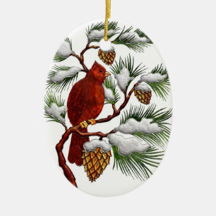 Ornement Ovale En Céramique Cardinal rouge avec l'ornement de Noël de cônes