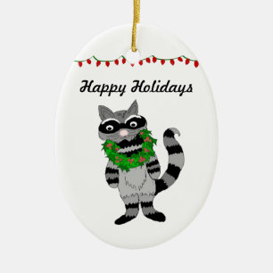 Ornement Ovale En Céramique Cartoon Raccoon Decked pour les fêtes