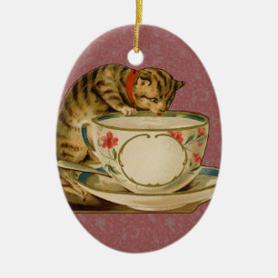 Ornement Ovale En Céramique Cat Teacup Cute Vintage Victorien