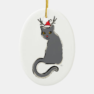 Ornement Ovale En Céramique Chat Père Noël de Noël à nez rouge