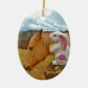 Ornement Ovale En Céramique Cheval Jaune, Lapin De Printemps