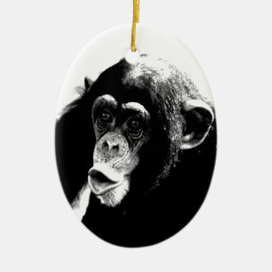 Ornement Ovale En Céramique Chimpanzé noir blanc