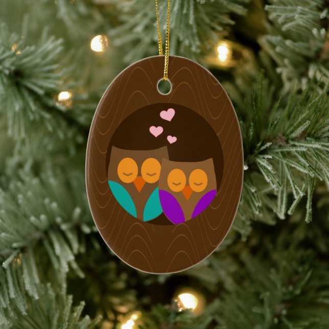 Ornement Ovale En Céramique Chouettes dans un nid (Arbre)