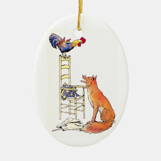 Ornement Ovale En Céramique Coq sur la chaise regardant vers le bas le Fox