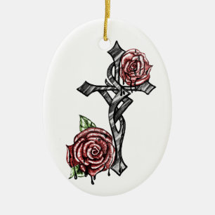Ornement Ovale En Céramique Croix du sang et des Roses