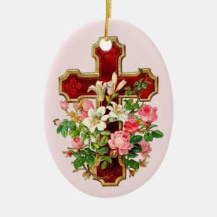Ornement Ovale En Céramique Croix florale