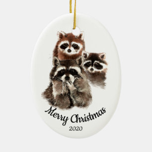 Ornement Ovale En Céramique Custom Dated Christmas Raccoon Family Fun