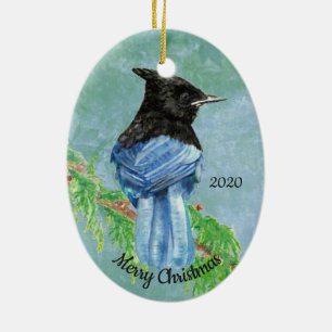 Ornement Ovale En Céramique Custom Dated Christmas Stellar Jay Bird Art