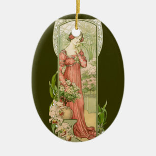 Ornement Ovale En Céramique Dame de serre élégante d'art nouveau vintage