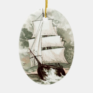 Ornement Ovale En Céramique Dessin vintage : Bateau mâté par trois